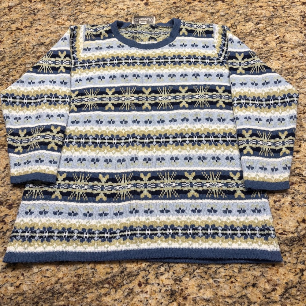 Motherhood Maternity Vintage Fair Isle Sweater Blue Green Knit Crew Neck Medium